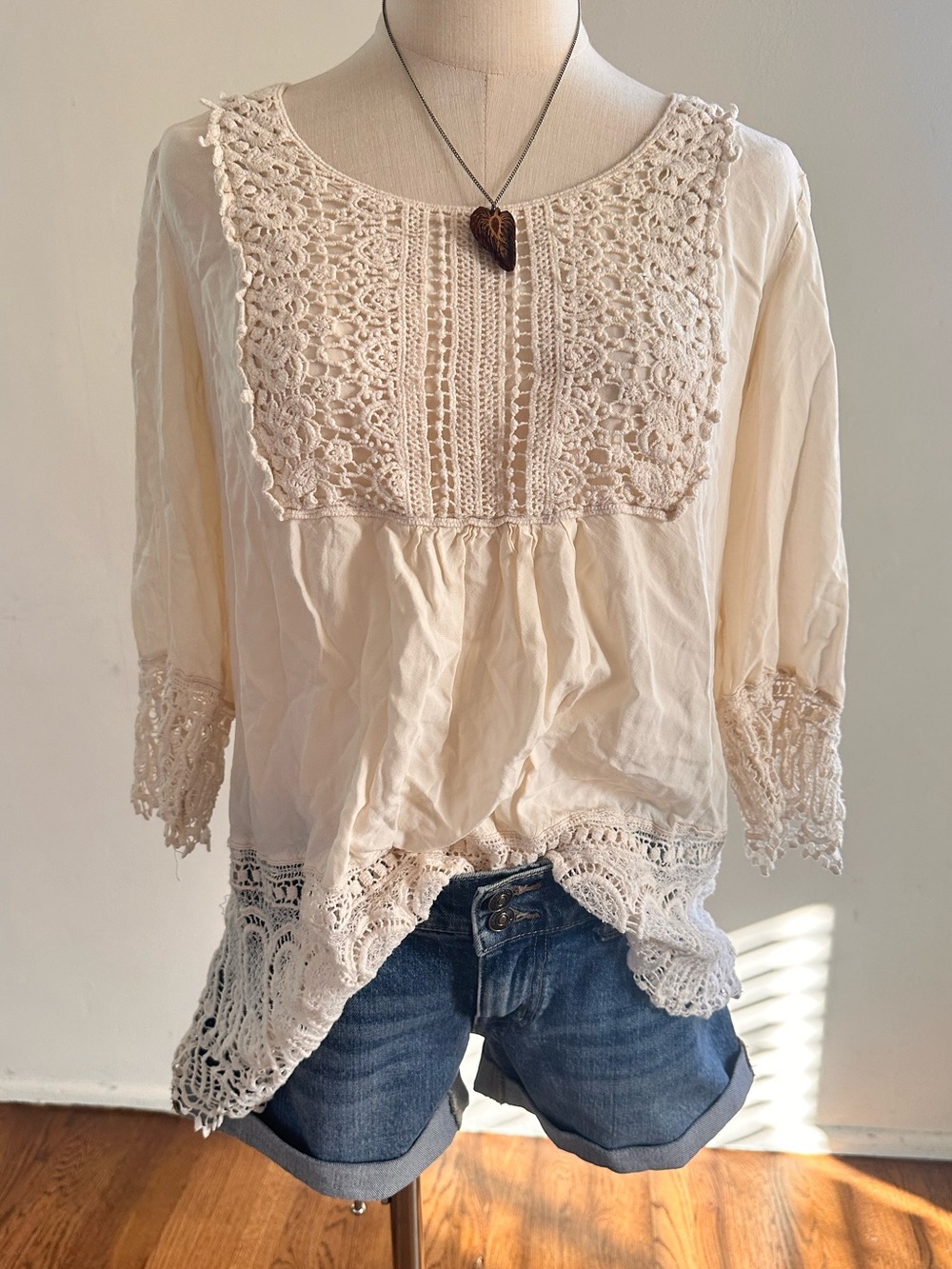 Solitaire Cream Lace Crochet Boho Peasant Top Romantic Cottagecore XL